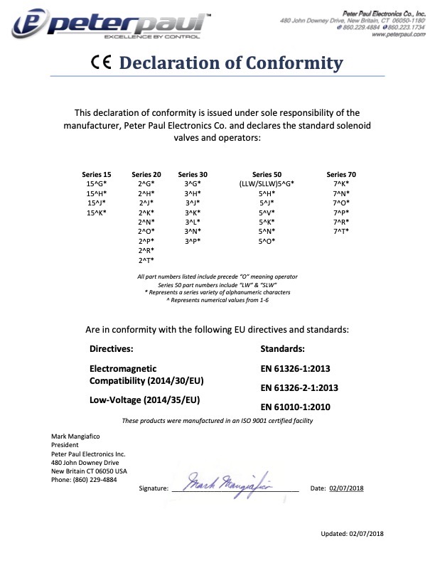 CE Declaration Of Conformity | Peter Paul Electronics Co., Inc.